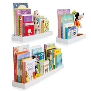 Wallniture Philly Floating Bookshelves for Kids Room Decor, Varying Sizes White Bookshelf Set of 3 for Living Room, Bathroom Storage Shelf