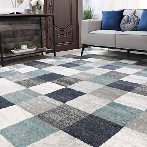 Superior Indoor Area Rug, Neutral Modern Geometric Home Decor For Living Room, Dining, Kitchen, Bedroom, Office, Nursery, Woven Rugs, Jute Backing, Rockaway Collection, 6' x 9', Majolica Blue