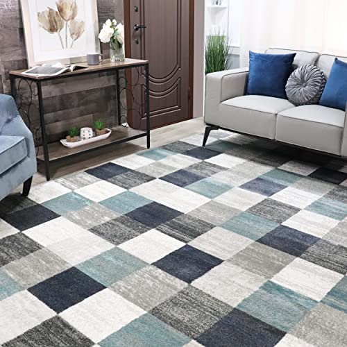 Superior Indoor Area Rug, Neutral Modern Geometric Home Decor For Living Room, Dining, Kitchen, Bedroom, Office, Nursery, Woven Rugs, Jute Backing, Rockaway Collection, 6' x 9', Majolica Blue