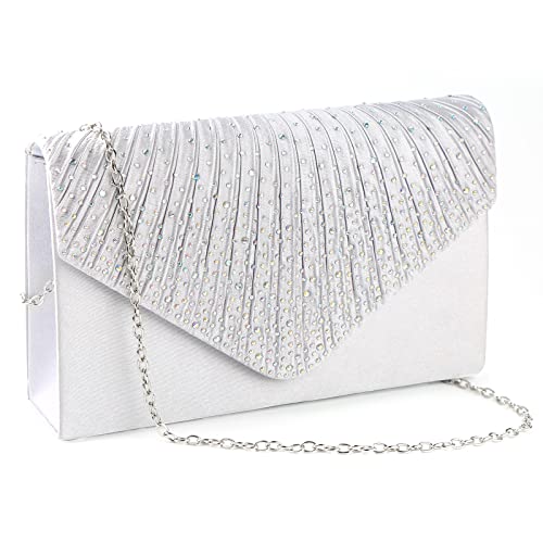 Jubileens Ladies Large Evening Satin Bridal Diamante Ladies Clutch Bag Party Prom Envelope (Silver) Small