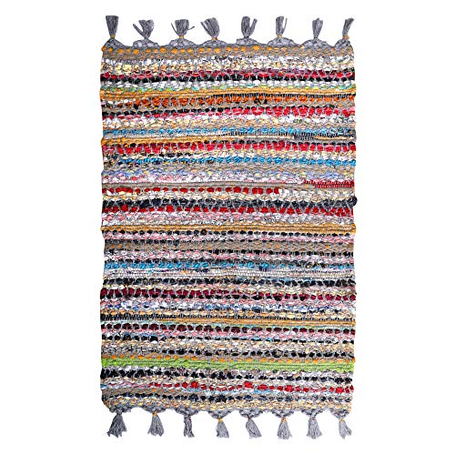 100% Cotton Rag Rug 24x36 - Multicolor Chindi Rug - Hand Woven & Reversible for Living Room Kitchen Entryway Rug -Multi Color