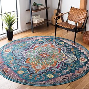 safavieh crystal collection 7′ round teal / rose crs501t boho chic oriental medallion distressed non-shedding dining room entryway foyer living room bedroom area rug