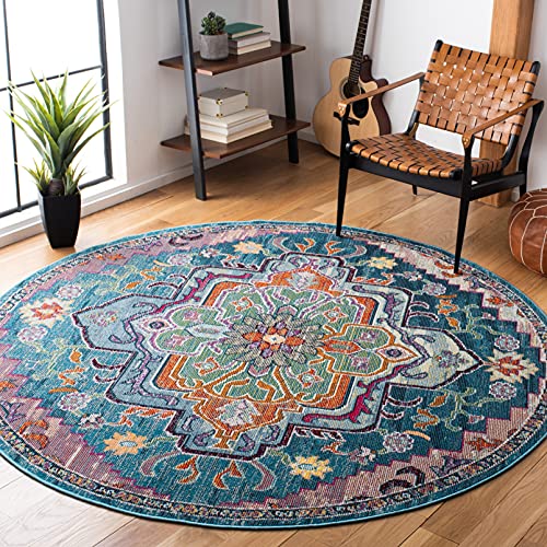 SAFAVIEH Crystal Collection 7' Round Teal / Rose CRS501T Boho Chic Oriental Medallion Distressed Non-Shedding Dining Room Entryway Foyer Living Room Bedroom Area Rug