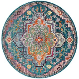 SAFAVIEH Crystal Collection 7' Round Teal / Rose CRS501T Boho Chic Oriental Medallion Distressed Non-Shedding Dining Room Entryway Foyer Living Room Bedroom Area Rug