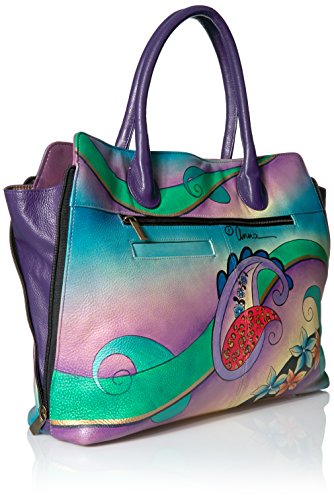 Anna by Anuschka Women's Genuine Leather Large Expandable Tote | Hand Painted Original Artwork | Paisley Collage Eggplant