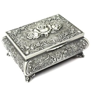 h&s antique metal jewelry box for storage – floral vintage jewelry box for necklaces & rings – silver trinket box with authentic treasure chest design for women