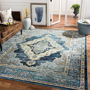 safavieh crystal collection 7′ square blue / yellow crs500m boho chic oriental medallion distressed non-shedding living room bedroom dining home office area rug