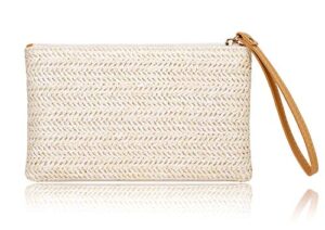 cookooky women’s straw clutch bag bohemian zipper wristlet womens summer beach sea purse straw wallets for women (beige- white)