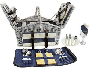 happypicnic ‘huntsman’ willow picnic hamper for 4 persons with ‘built-in’ insulated cooler, wicker picnic basket with canvas stripe lining, willow picnic set, picnic gift basket (navy stripe)