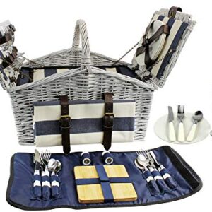 HappyPicnic 'Huntsman' Willow Picnic Hamper for 4 Persons with 'Built-in' Insulated Cooler, Wicker Picnic Basket with Canvas Stripe Lining, Willow Picnic Set, Picnic Gift Basket (Navy Stripe)