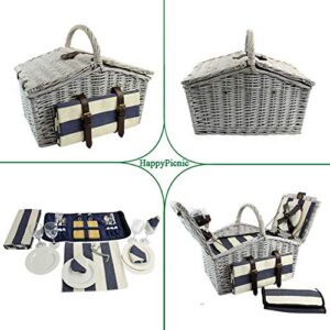 HappyPicnic 'Huntsman' Willow Picnic Hamper for 4 Persons with 'Built-in' Insulated Cooler, Wicker Picnic Basket with Canvas Stripe Lining, Willow Picnic Set, Picnic Gift Basket (Navy Stripe)