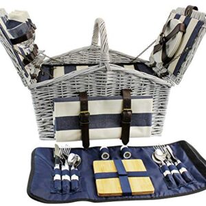 HappyPicnic 'Huntsman' Willow Picnic Hamper for 4 Persons with 'Built-in' Insulated Cooler, Wicker Picnic Basket with Canvas Stripe Lining, Willow Picnic Set, Picnic Gift Basket (Navy Stripe)