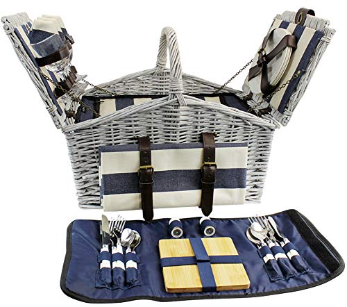 HappyPicnic 'Huntsman' Willow Picnic Hamper for 4 Persons with 'Built-in' Insulated Cooler, Wicker Picnic Basket with Canvas Stripe Lining, Willow Picnic Set, Picnic Gift Basket (Navy Stripe)