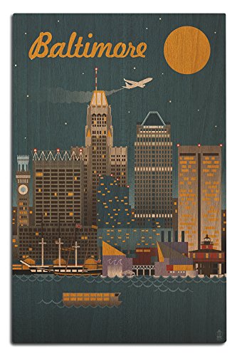 Baltimore, Maryland, Retro Skyline Birch Wood Wall Sign (12x18 Rustic Home Decor, Ready to Hang Art)