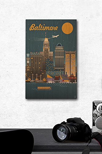 Baltimore, Maryland, Retro Skyline Birch Wood Wall Sign (12x18 Rustic Home Decor, Ready to Hang Art)