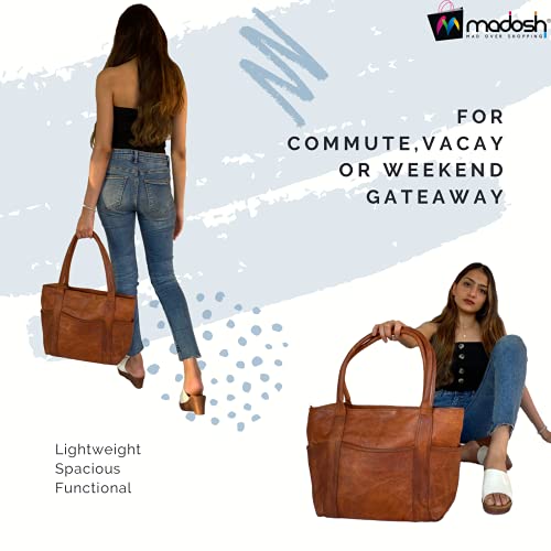 Madosh Vintage Genuine Leather Womens Tote Style Shoulder Handbag Valentine Gift Shopper Brown 16” Bag