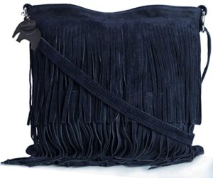 liatalia womens fringe handbag – real italian suede leather – cross-body messenger bag (smallmini size) – ashley [navy]
