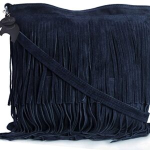 LiaTalia Womens Fringe Handbag - Real Italian Suede Leather - Cross-Body Messenger Bag (SmallMini Size) - ASHLEY [Navy]