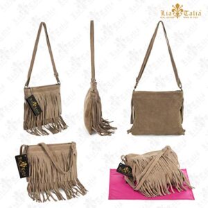 LiaTalia Womens Fringe Handbag - Real Italian Suede Leather - Cross-Body Messenger Bag (SmallMini Size) - ASHLEY [Navy]