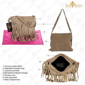 LiaTalia Womens Fringe Handbag - Real Italian Suede Leather - Cross-Body Messenger Bag (SmallMini Size) - ASHLEY [Navy]