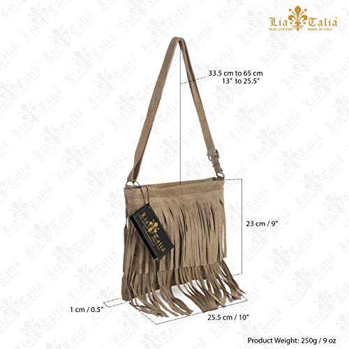 LiaTalia Womens Fringe Handbag - Real Italian Suede Leather - Cross-Body Messenger Bag (SmallMini Size) - ASHLEY [Navy]