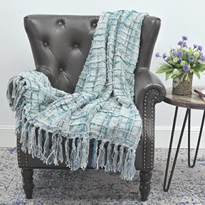 home soft things multi-color chenille couch throw blanket, grey/blue, 50″ x 60” soft warm cozy tartan blanket with tassels throw blanket for living room bed sofa chair décor