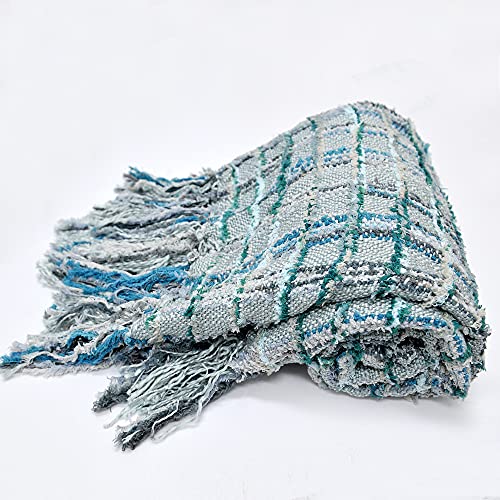 Home Soft Things Multi-Color Chenille Couch Throw Blanket, Grey/Blue, 50" x 60'' Soft Warm Cozy Tartan Blanket with Tassels Throw Blanket for Living Room Bed Sofa Chair Décor