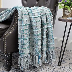 Home Soft Things Multi-Color Chenille Couch Throw Blanket, Grey/Blue, 50" x 60'' Soft Warm Cozy Tartan Blanket with Tassels Throw Blanket for Living Room Bed Sofa Chair Décor