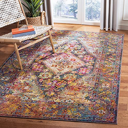 SAFAVIEH Crystal Collection 7' Square Navy/Light Blue CRS507H Boho Chic Oriental Medallion Distressed Non-Shedding Living Room Bedroom Dining Home Office Area Rug