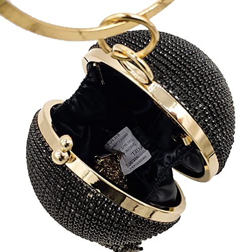 Women Round Ball Crysal Clutch Purses Wedding Handbag Dazzling Full Rhinestone Tassles Ring Handle Evening Bag (MIL1248 Black) Small