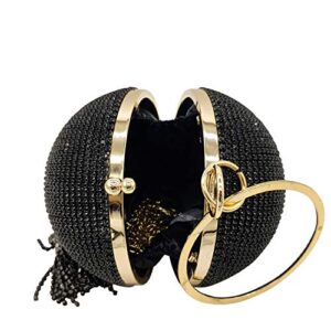 Women Round Ball Crysal Clutch Purses Wedding Handbag Dazzling Full Rhinestone Tassles Ring Handle Evening Bag (MIL1248 Black) Small