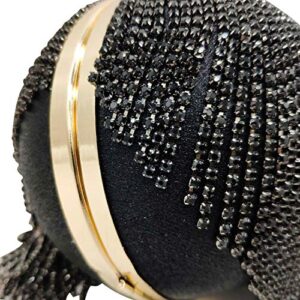 Women Round Ball Crysal Clutch Purses Wedding Handbag Dazzling Full Rhinestone Tassles Ring Handle Evening Bag (MIL1248 Black) Small