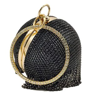 Women Round Ball Crysal Clutch Purses Wedding Handbag Dazzling Full Rhinestone Tassles Ring Handle Evening Bag (MIL1248 Black) Small