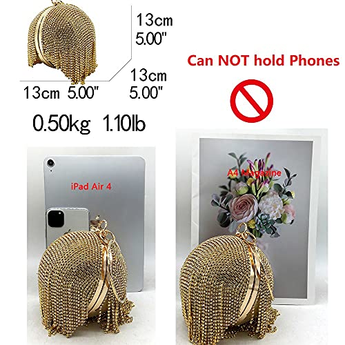 Women Round Ball Crysal Clutch Purses Wedding Handbag Dazzling Full Rhinestone Tassles Ring Handle Evening Bag (MIL1248 Black) Small