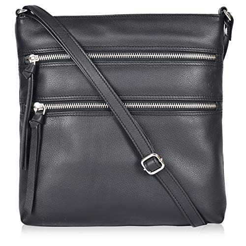 Genuine Leather Handmade Crossbody Bags For Women- Front Pocket Vintage Crossover Shoulder Sling Bags (Black Smooth)