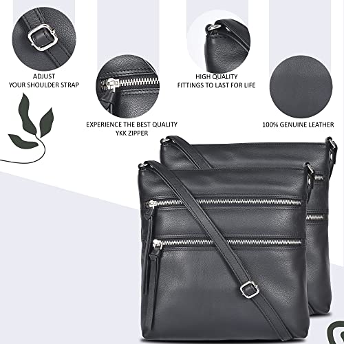 Genuine Leather Handmade Crossbody Bags For Women- Front Pocket Vintage Crossover Shoulder Sling Bags (Black Smooth)