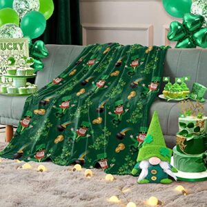 st. patrick’s day leprechaun men throw blankets irish lucky clovers gold coins and rainbow fuzzy soft bed cover bedspread lightweight luxury blanket for couch sofa chair 60x80in