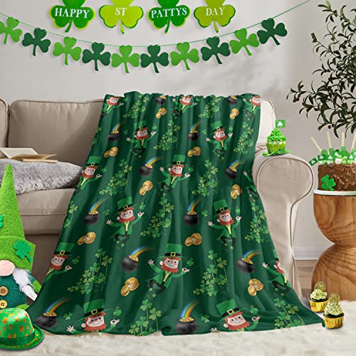 St. Patrick's Day Leprechaun Men Throw Blankets Irish Lucky Clovers Gold Coins and Rainbow Fuzzy Soft Bed Cover Bedspread Lightweight Luxury Blanket for Couch Sofa Chair 60x80In