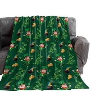 St. Patrick's Day Leprechaun Men Throw Blankets Irish Lucky Clovers Gold Coins and Rainbow Fuzzy Soft Bed Cover Bedspread Lightweight Luxury Blanket for Couch Sofa Chair 60x80In