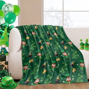 St. Patrick's Day Leprechaun Men Throw Blankets Irish Lucky Clovers Gold Coins and Rainbow Fuzzy Soft Bed Cover Bedspread Lightweight Luxury Blanket for Couch Sofa Chair 60x80In