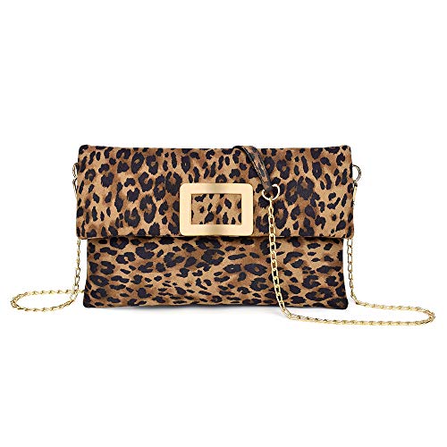 LIFEMATE Leopard Clutch Shoulder Crossbody Foldover Wristlet Bag for Women Ladies Girls PU Faux Suede Leather