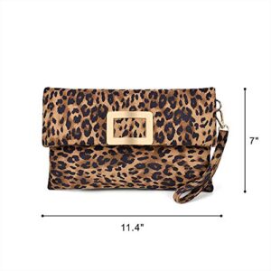 LIFEMATE Leopard Clutch Shoulder Crossbody Foldover Wristlet Bag for Women Ladies Girls PU Faux Suede Leather