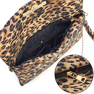 LIFEMATE Leopard Clutch Shoulder Crossbody Foldover Wristlet Bag for Women Ladies Girls PU Faux Suede Leather