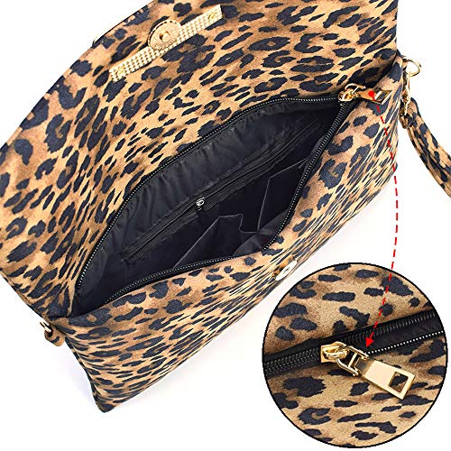 LIFEMATE Leopard Clutch Shoulder Crossbody Foldover Wristlet Bag for Women Ladies Girls PU Faux Suede Leather