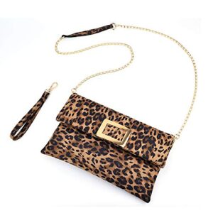 LIFEMATE Leopard Clutch Shoulder Crossbody Foldover Wristlet Bag for Women Ladies Girls PU Faux Suede Leather