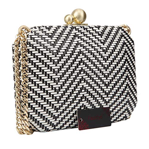 Fawziya Color Block Weave Clutch Purse Thick Chain Evening Bags And Clutches-Black