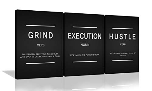 3 Pieces Grind Verb Hustle Verb Execution Noun Motivational Wall Art Canvas Print Office Decor Inspiring Framed Prints Inspirational Quotes for Wall Art Decoration Ready to Hang