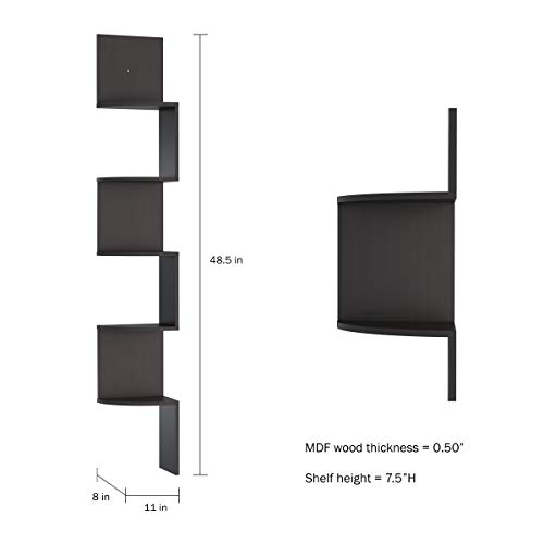 Lavish Home (Black Floating Corner Shelf-5 Tier Wall Shelves with Hidden Brackets to Display Décor, Books, Photos, More-Hardware Included, 11" X 8" X 48.5"