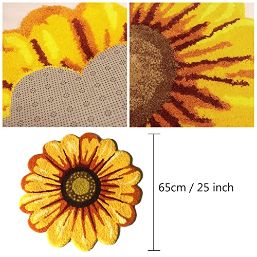 Syhonic Handmade Sunflower Rug Mat 25×25 Inch Flower Shape Floor Mat Washable Non-Slip Bath Mat Floor Rugs for Bedroom,Living Room,Kitchen,Bathroom(Yellow)