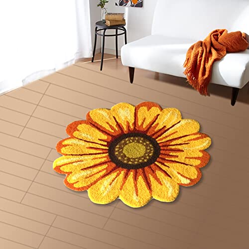 Syhonic Handmade Sunflower Rug Mat 25×25 Inch Flower Shape Floor Mat Washable Non-Slip Bath Mat Floor Rugs for Bedroom,Living Room,Kitchen,Bathroom(Yellow)